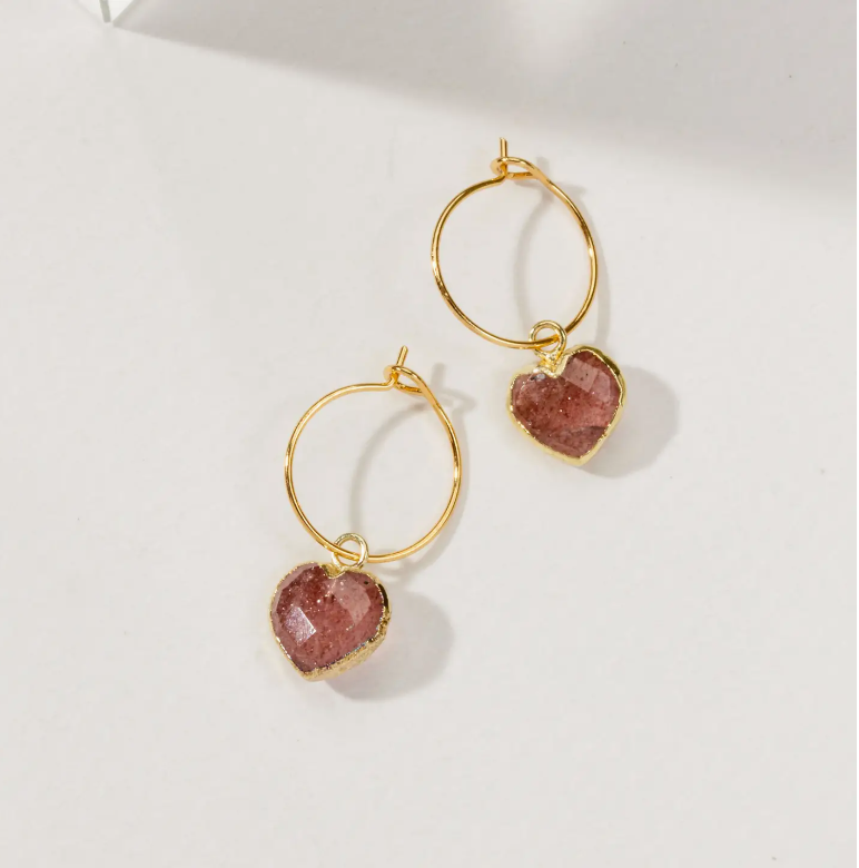 Strawberry Quartz Mini Heart Hoop Earrings