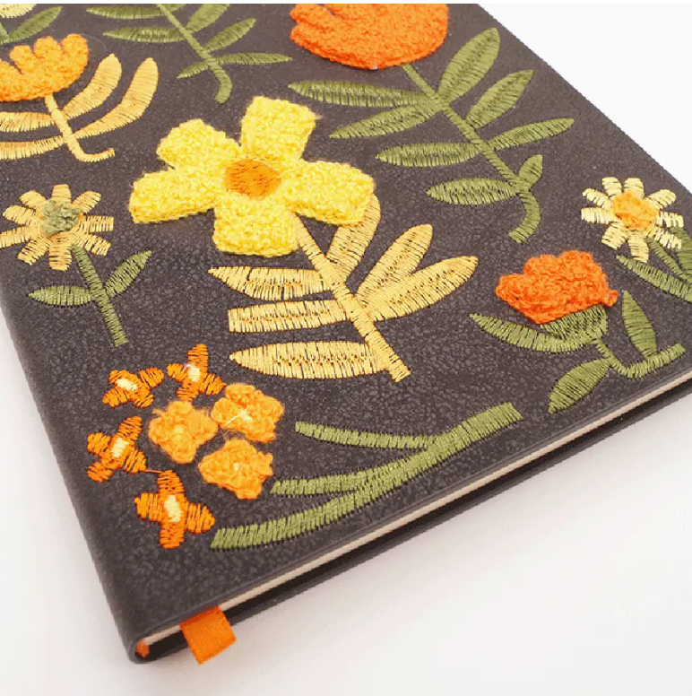 Chunky Flowers Embroidered Vegan Leather Notebook