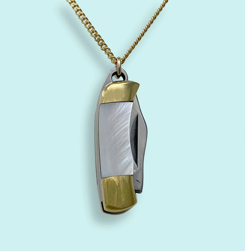 Tiny Pearl Handled Knife on Gold Chain