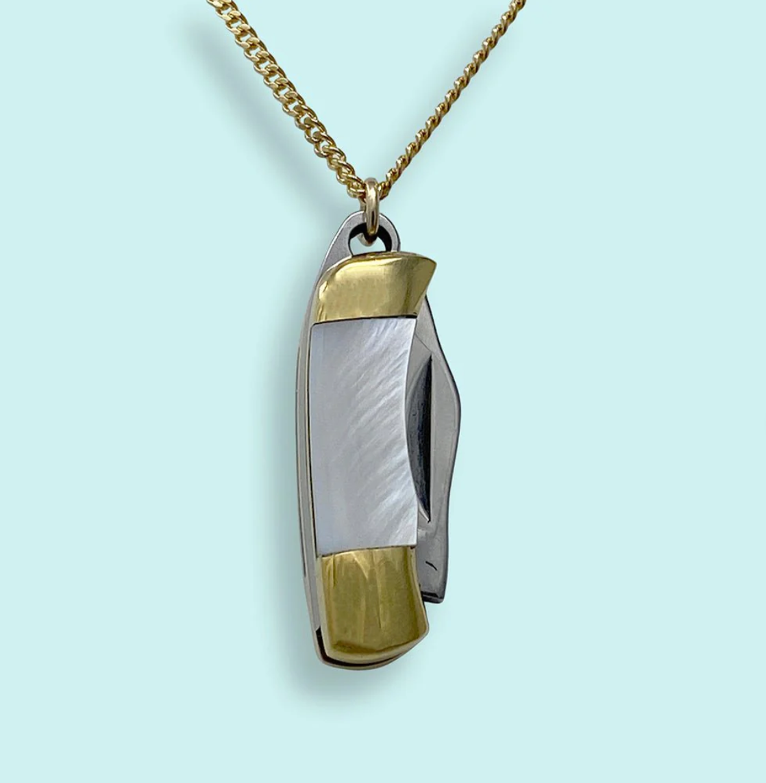 Tiny Pearl Handled Knife on Gold Chain