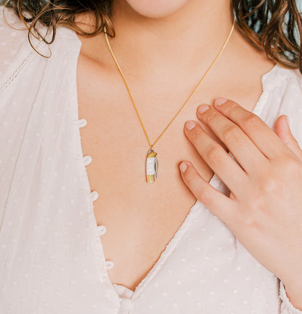 Tiny Pearl Handled Knife on Gold Chain