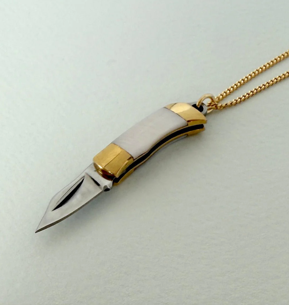 Tiny Pearl Handled Knife on Gold Chain